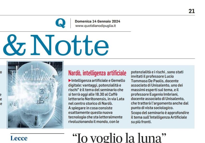 Articolo giornale su Intelligenza artificiale e gemello digitale